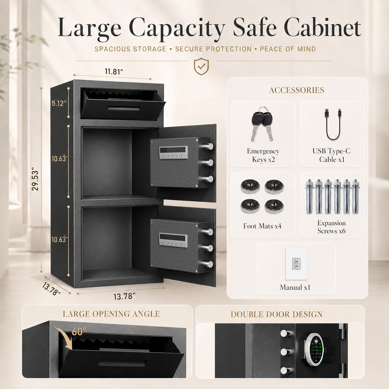 6.5 Cub Safes Box, Fireproof Safes For Home, Fireproof Safes For Home With Double Door & Key Hook, With Backlit Keypad & Dual Alarm For Home Office Business Home Safes