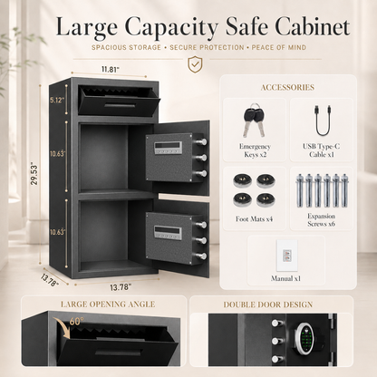 6.5 Cub Safes Box, Fireproof Safes For Home, Fireproof Safes For Home With Double Door & Key Hook, With Backlit Keypad & Dual Alarm For Home Office Business Home Safes