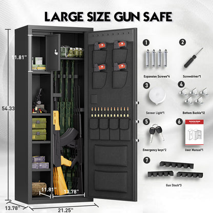 HK-AKG6-138W 15-18 Large Gun Safe, 54" Biometric Cabinet with Inner Lock Box and Removable Shelves, Unassembled Shotgun Safe with Dual Alarm and Mute Function