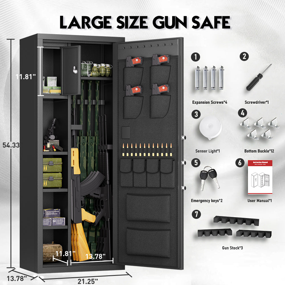 HK-AKG6-138D 15-18 Digital Large Gun Safe with Inner Lock Box and Removable Shelves, Unassembled Safe with Dual Alarm and Mute Function for Home, Garage