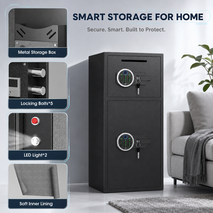 HK-KL-85W 7.0 Cu ft Biometric Safe Box With Mute Function and LED Light, Large Home Safes with Deposit Slot & Dual Alarm System, Security Box for Valuables