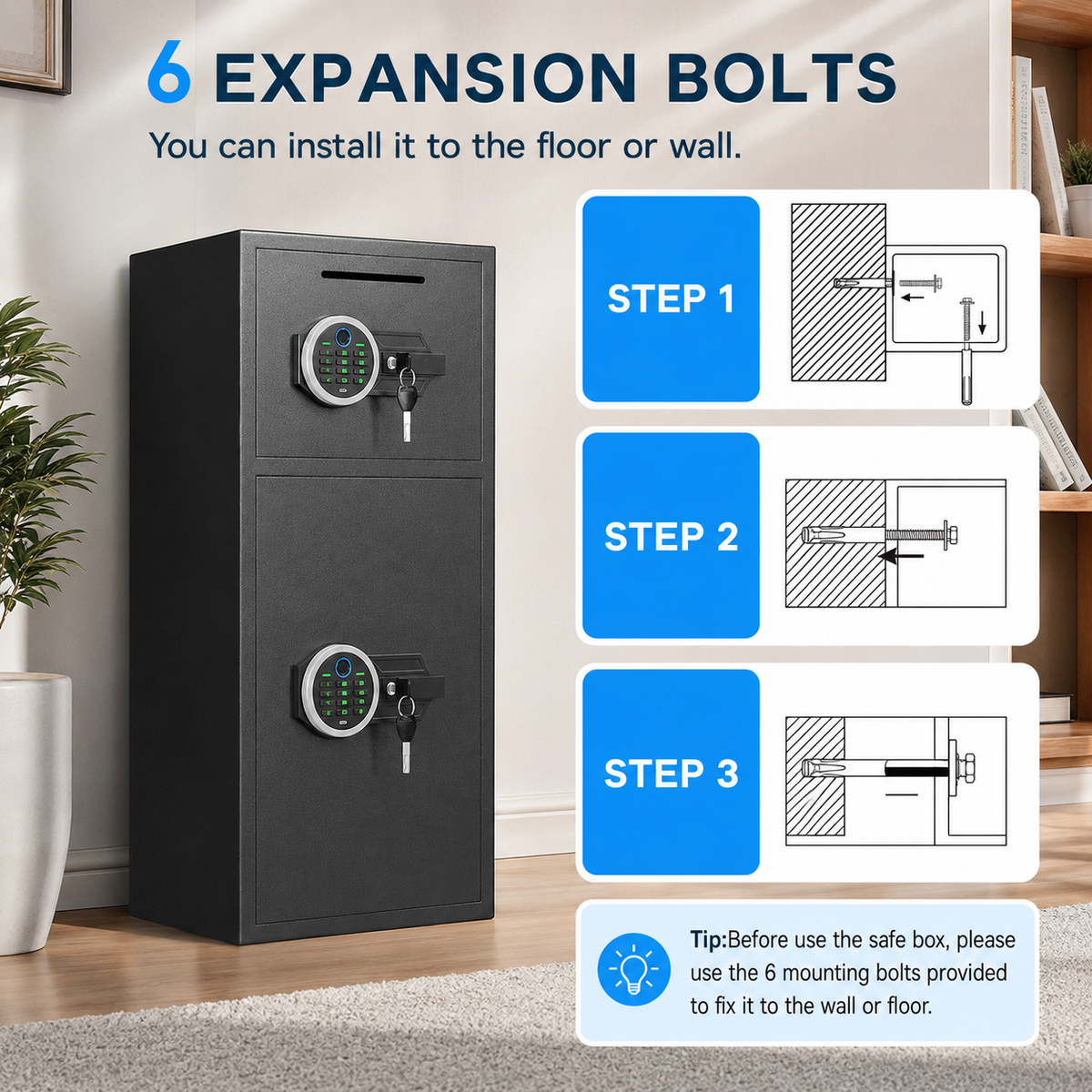 HK-KL-85W 7.0 Cu ft Biometric Safe Box With Mute Function and LED Light, Large Home Safes with Deposit Slot & Dual Alarm System, Security Box for Valuables