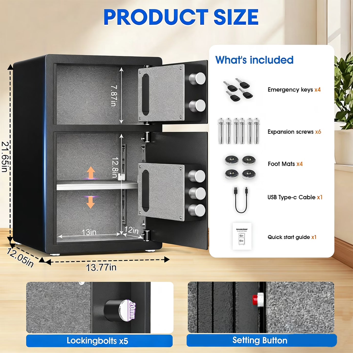 SDI-KL-55SD 4.5 Cu ft Safe Box, Steel Security Safes with Dual Lock System, Home Safe with Dual Alarm & Mute Function, Money Safe with Adjustable Shelf for Documents and Valuables