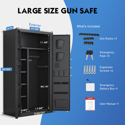 HK-AKG3-138D 30-40 Gun Safe, 54" Digital Gun Safe with LCD Keypad & Dual System Alarm, Large Gun Cabinet with Adjustable Shelves for Shotgun, Unassembled Home Safe