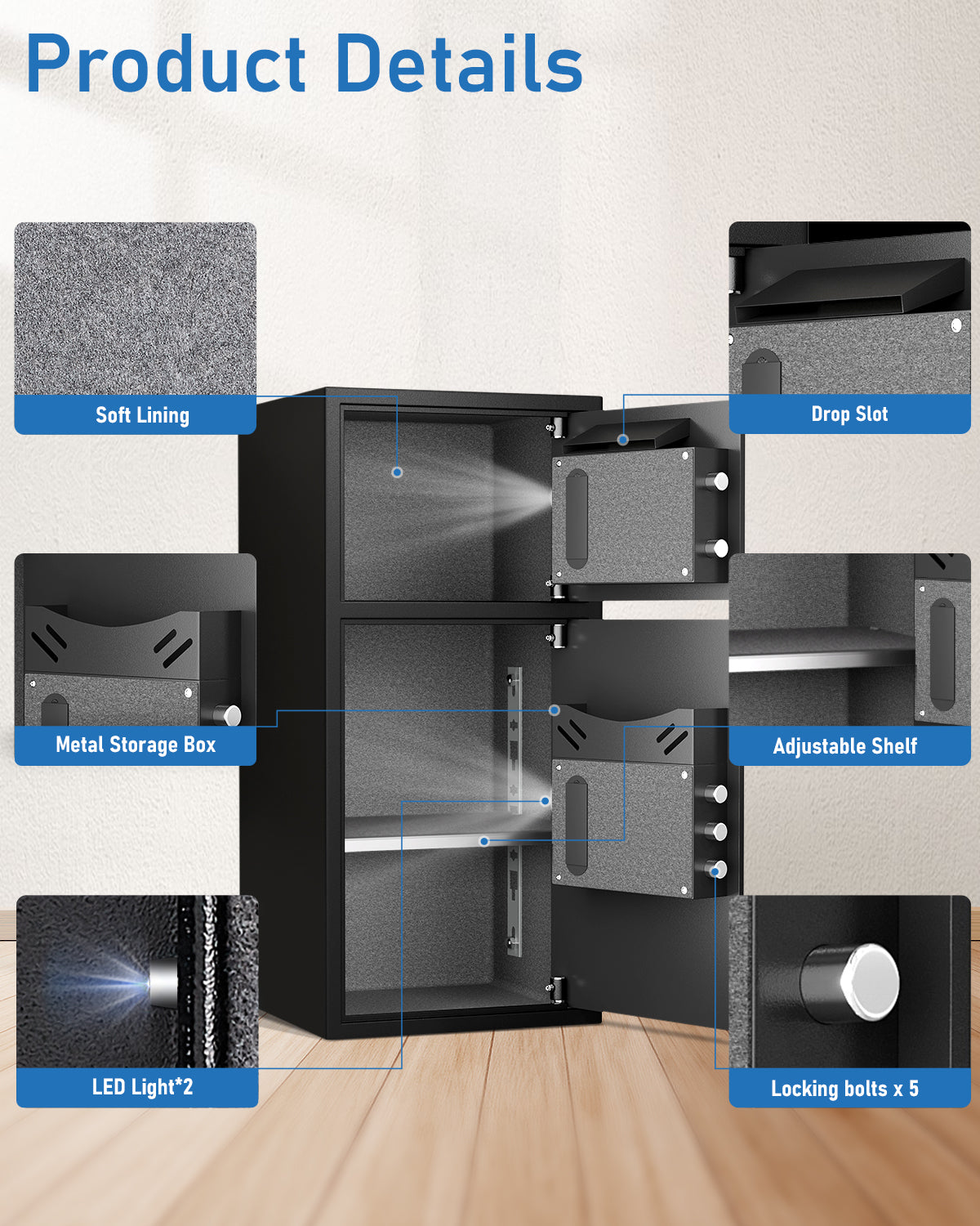 HK-KL-65D Large Double Door Safe Box Fireproof Waterproof, 6.0 Cu ft Security Safe with LED Light and Dual Alarm System, Home Safes Digital Keypad and Mute Function, Security Lock Box for Money and Valuables
