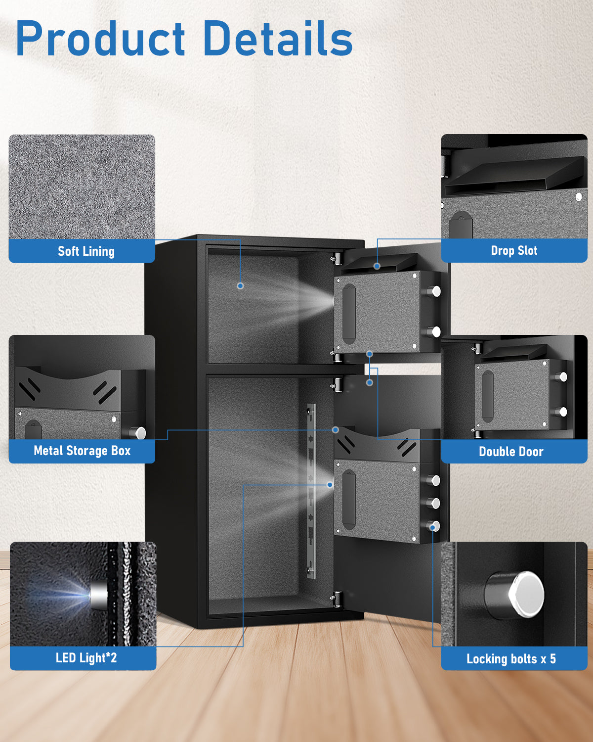 OME KL-75W 6.5 Cub Large Home safe Fireproof Waterproof, Biometric Safe Box with Slot & Metal Deposit Storage Box, Money Box with Dual Alarm System & Mute Mode for Valuables