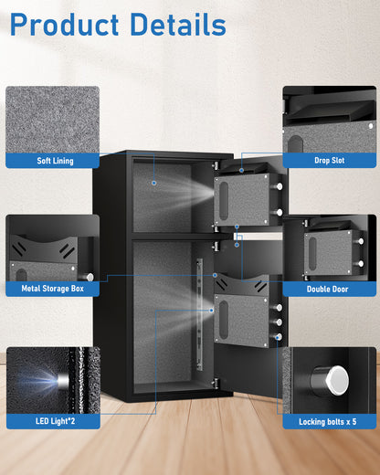 OME KL-75W 6.5 Cub Large Home safe Fireproof Waterproof, Biometric Safe Box with Slot & Metal Deposit Storage Box, Money Box with Dual Alarm System & Mute Mode for Valuables