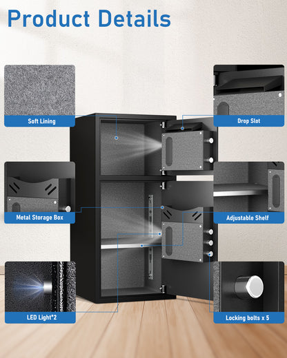 35-Omethey 6.0 Cub Home Safe Box Fireproof Waterproof, Money Safe with Deposit Slot and Backlit Keypad, Heavy Duty Home Safe with Dual Alarm Sytem, Fireproof Safe with 2 Doors for Home Valuables