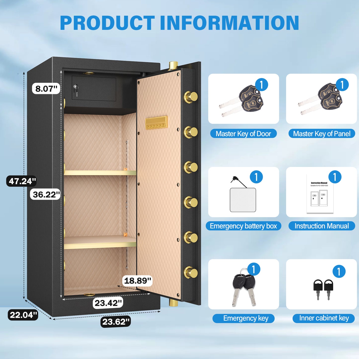 BM-K3-150D-Extra Large Safe Box, 17.6 Cubic Feet Heavy Duty Big Safe with Security Double Key Lock & Seperate Lock Box