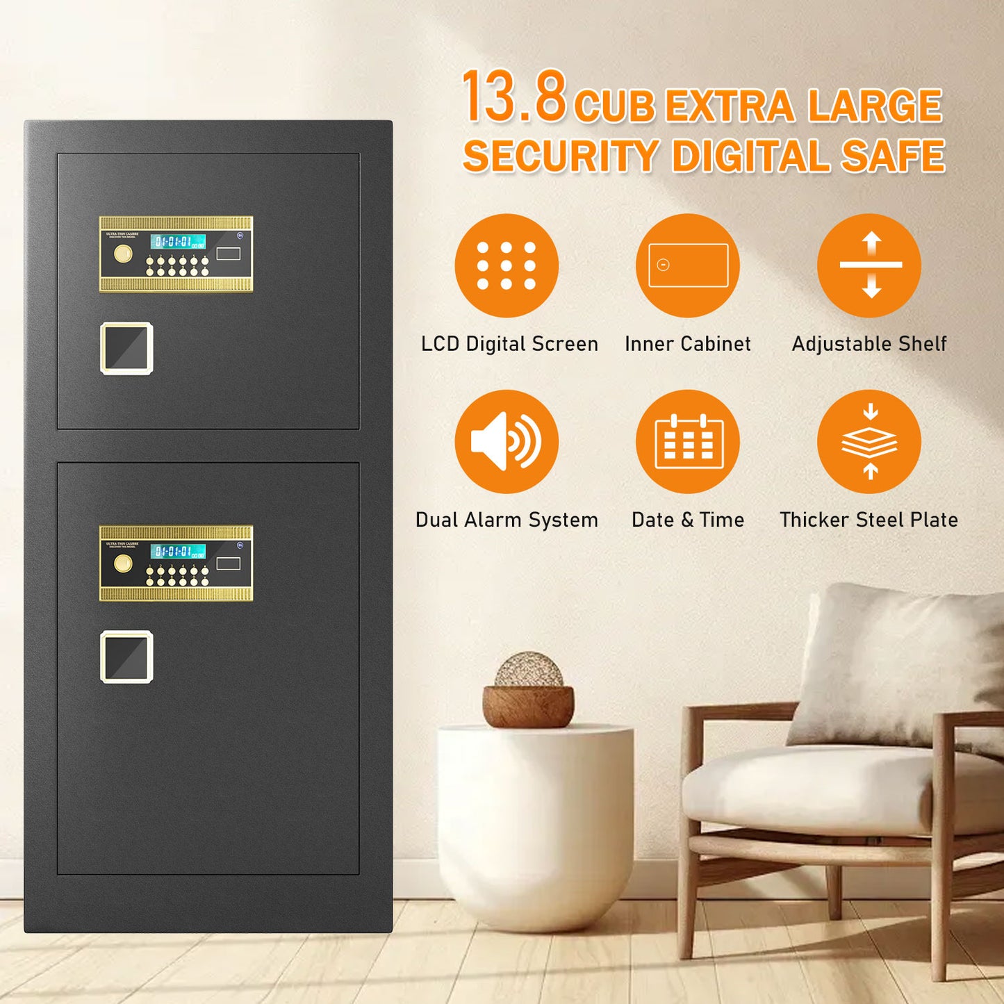 Kavey Extra Large Safe Box, 13.8 Cubic Feet Heavy Duty Big Safe with Security Double Key Lock & Seperate Lock Box