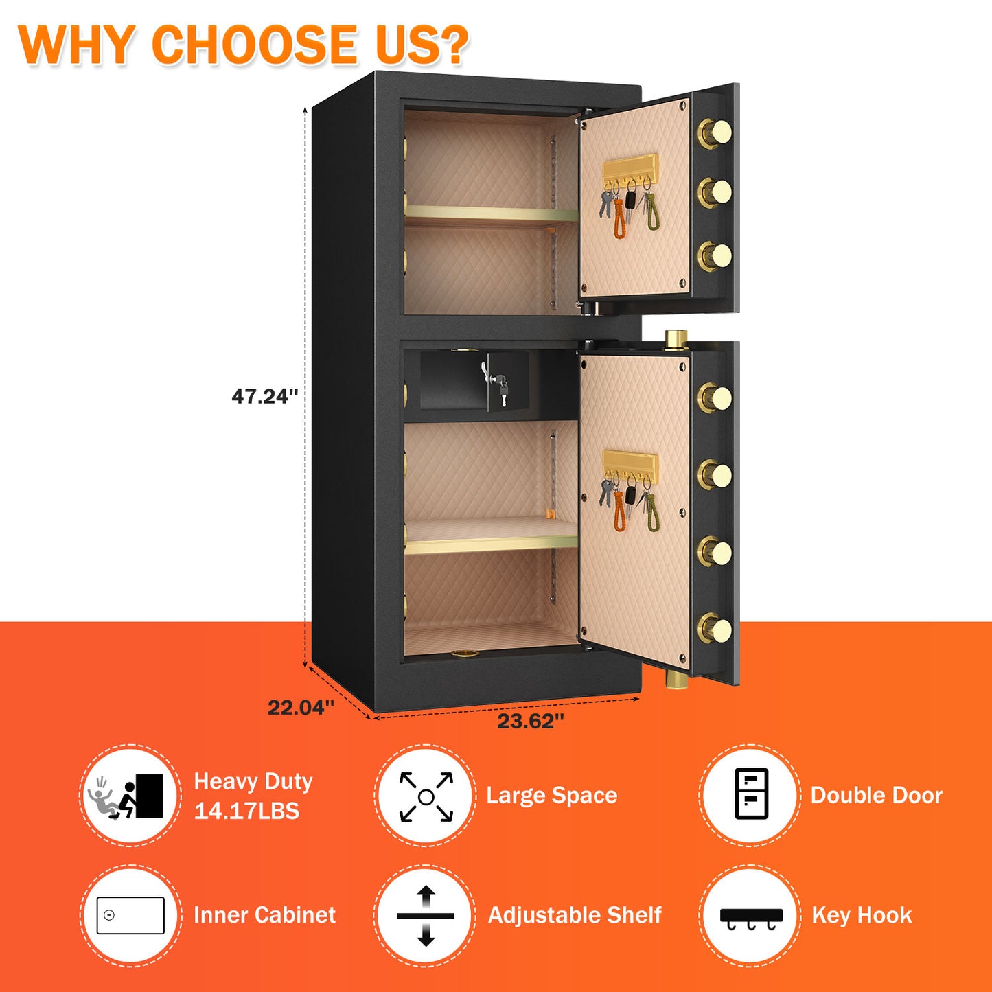 Kavey Extra Large Safe Box, 13.8 Cubic Feet Heavy Duty Big Safe with Security Double Key Lock & Seperate Lock Box