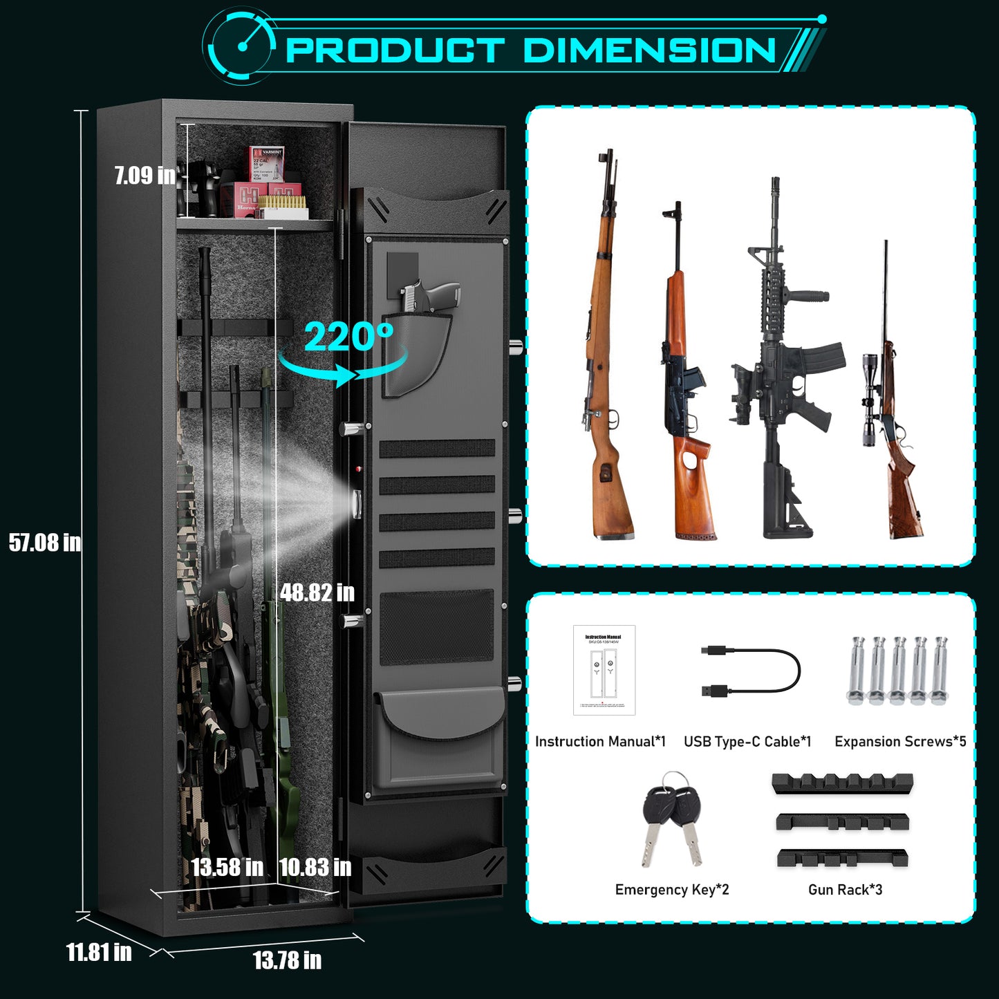 XB-G5-145W,Biometric Rifle Gun Safe