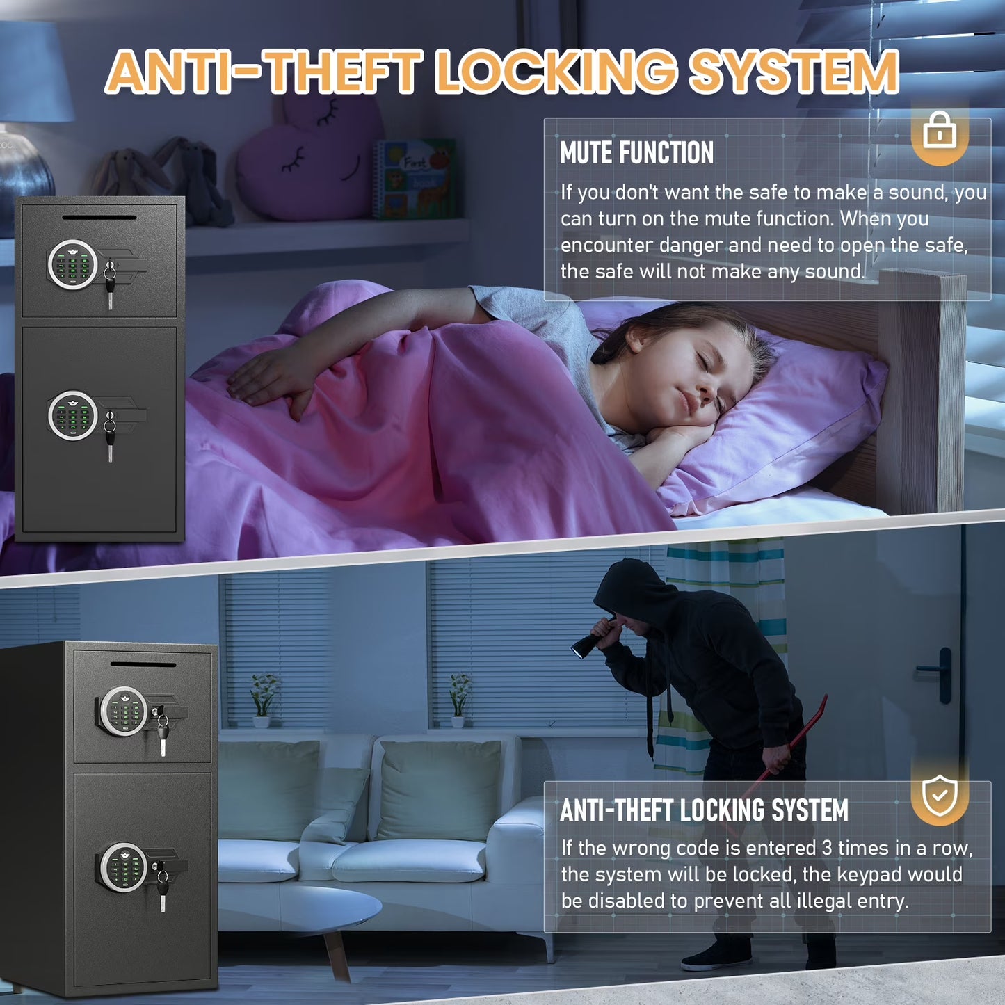 SDI-KM-65D, Safe - 6.0 Cu ft Home Safe Box - Fireproof Safe Depository Drop Safe with Backlit Keypad & Alarm System for Business Home Money Safe