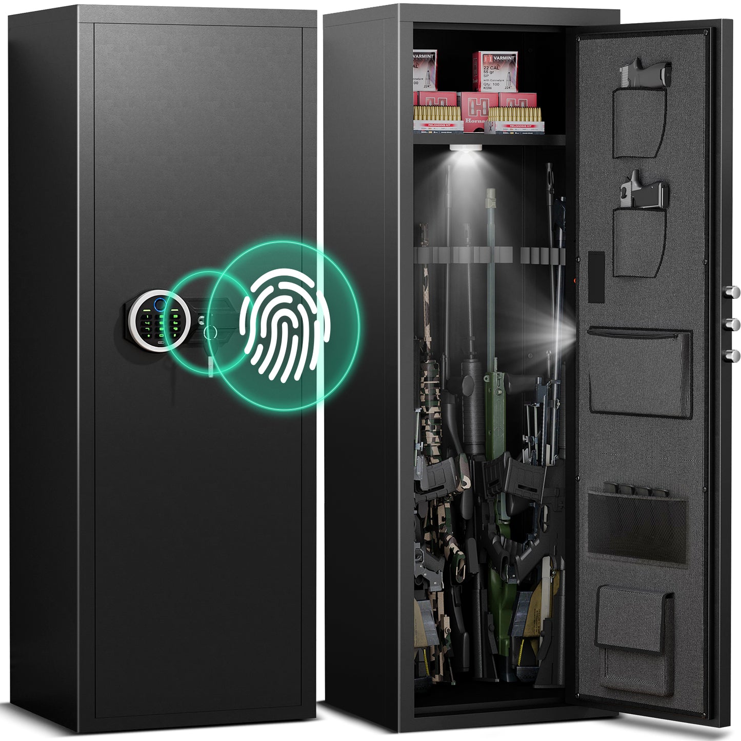 6-8 Biometric Gun Safe, Quick Access Unassembled Gun Cabinet with Silent Mode and Dual Alarm System, Gun Safe for Rifles and Pistols, Rifle Safe with Magnetic Gun Slots and Magnetic Induction Light