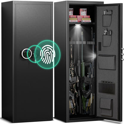 6-8 Biometric Gun Safe, Quick Access Unassembled Gun Cabinet with Silent Mode and Dual Alarm System, Gun Safe for Rifles and Pistols, Rifle Safe with Magnetic Gun Slots and Magnetic Induction Light