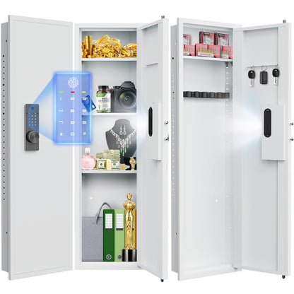 Kav-KW-135BW 53.15" Tall Wall Safe Between the Studs 16" Centers, Hidden Wall Safes With Removable shelfs and Adjustable Gun Rack, Biometric Wall Gun Safe for Home Rifle, Cash, Jewelry, Documents - White