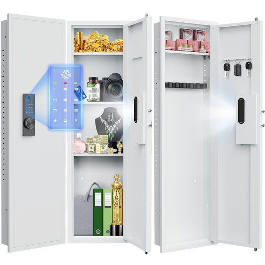 Kav-KW-135BW 53.15" Tall Wall Safe Between the Studs 16" Centers, Hidden Wall Safes With Removable shelfs and Adjustable Gun Rack, Biometric Wall Gun Safe for Home Rifle, Cash, Jewelry, Documents - White