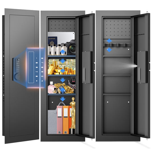 Riflewell-K2V-120HD 47.24" Black Wall Safe Between Studs, Hidden In-Wall Gun Safe with Removable Pegboard, Digital Keypad Security Cabinet for Rifles & Shotguns