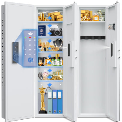 SDI-KW-135BW, Silkight 53.15" Wall Safe - Biometric Hidden Safe with Dual Alarm System, 3 Adjustable Shelves - White