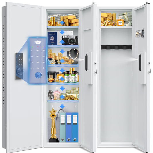 SDI-KW-135BW, Silkight 53.15" Wall Safe - Biometric Hidden Safe with Dual Alarm System, 3 Adjustable Shelves - White