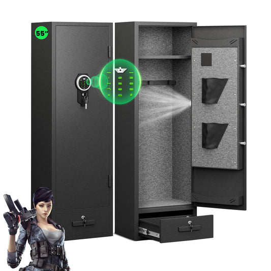 Omethey GKM-140D Gun Safe, 3-5 Gun Safe for Home Pistol, Quick Access Long Gun Safe with LED Light，Adjustable Gun Rack and Removable Shelf