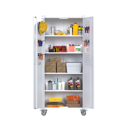 Metal Garage Cabinets with Wheels, 72" Rolling Storage Cabinet with Pegboards and Shelves, Tall Tool Cabinet with Locking Doors for Garage,Home Office,Warehouse(White)