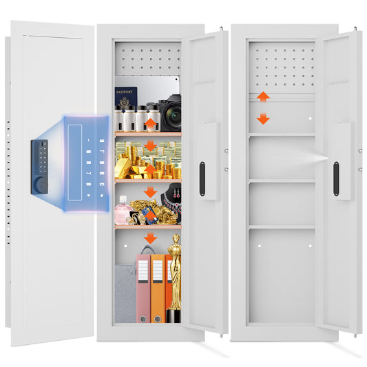 Riflewell-K2V-120BD 47.24" White Wall Safe Between Studs, Hidden In-Wall Gun Safe with Removable Pegboard, Digital Keypad Security Cabinet with 3 Adjustable Shelves