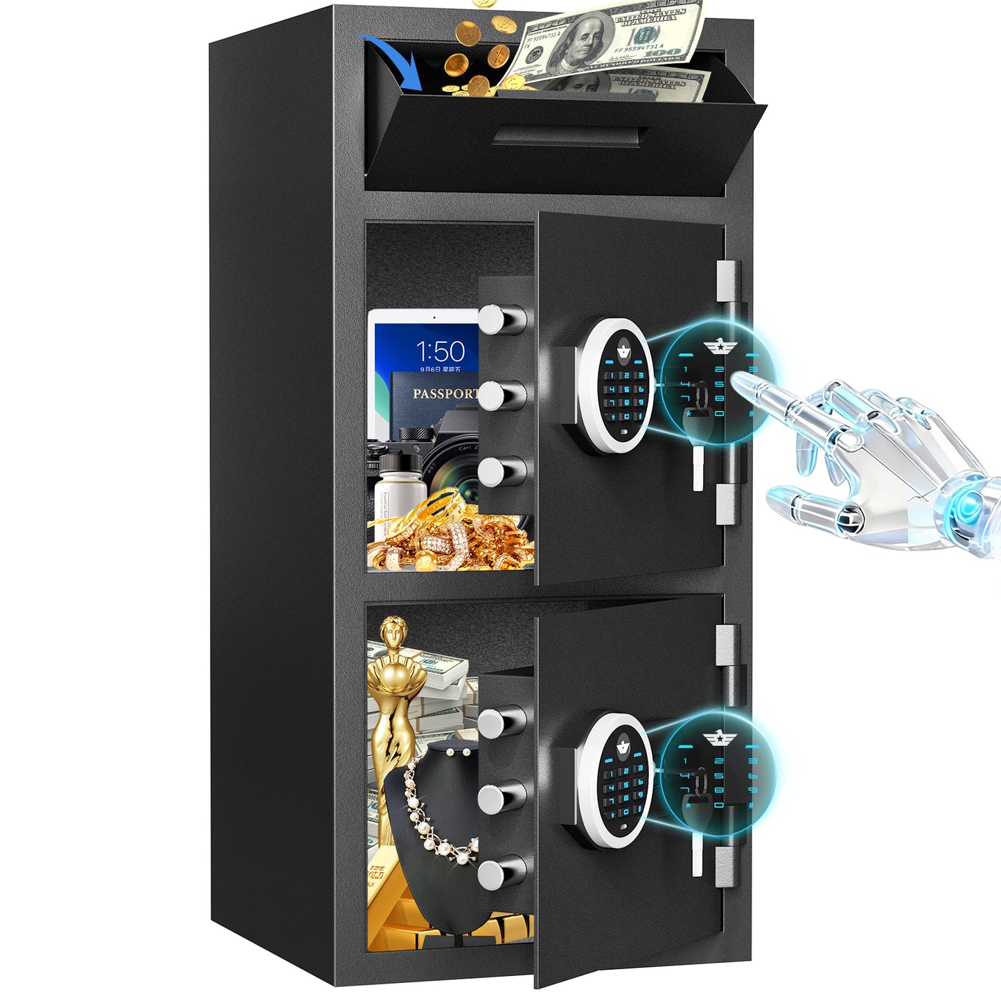 HK-KMT-75 6.5 Cub Large Safe Box with Drop Slot & Digital Keypad for Valuables, Home Cabinet with Dual Alarm & Mute Function for Home, Office