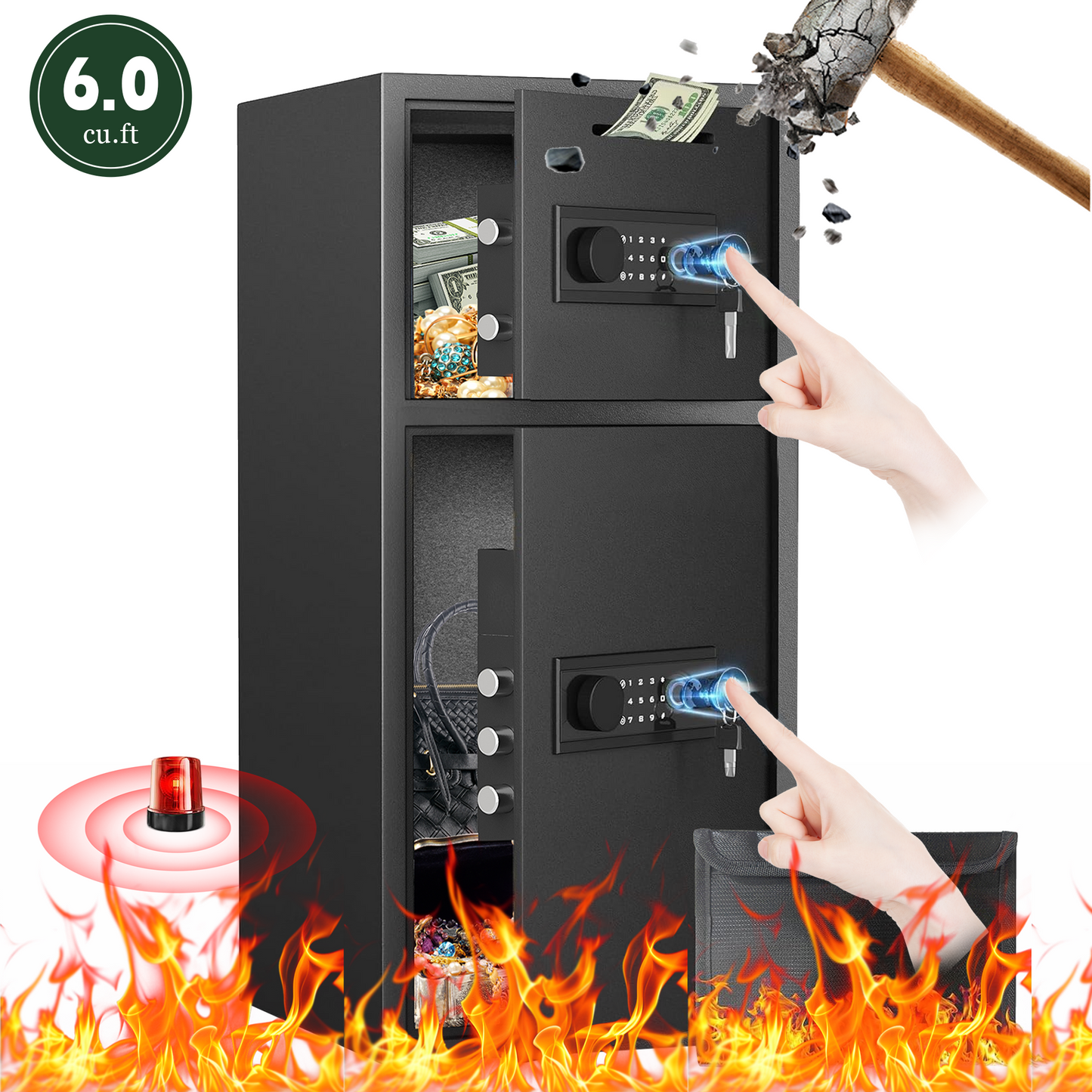 Karbeen K1-65W 6.0 Cuft Large Biometric Fingerprint Safe Fireproof Waterproof, Anti-Theft Money Safe Box with Deposit Slot & Dual Alarm System, Backlit Keypad Security Document Safe for Home Office Hotel