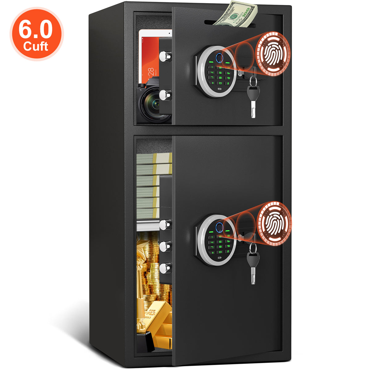 HK KM-65W Pacriond 6.0 Cuft Fingerprint Password Safe Box Fireproof with LED Light for Home Office, Large Safes with Deposit Slot & Dual Alarm System, Security Box for Valuables