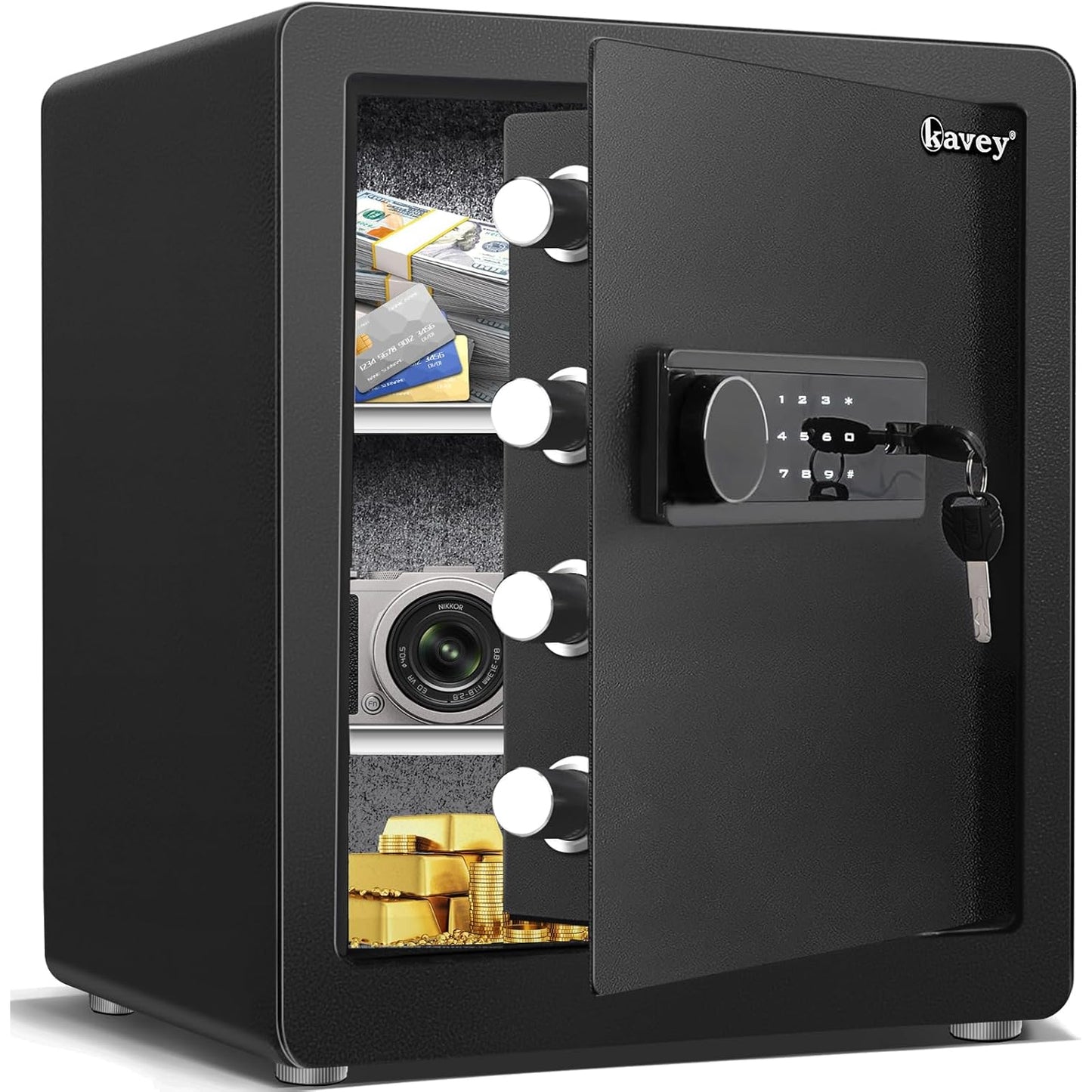 KAV KV-45 2.0 Cub Safe Box, Digital Home Safe with Two Removable & Adjustable Shelf, Safe for Home with Mute Mode & Dual Alarm, Money Safe Box with 4 Solid Living Bolts and Velvet Interior