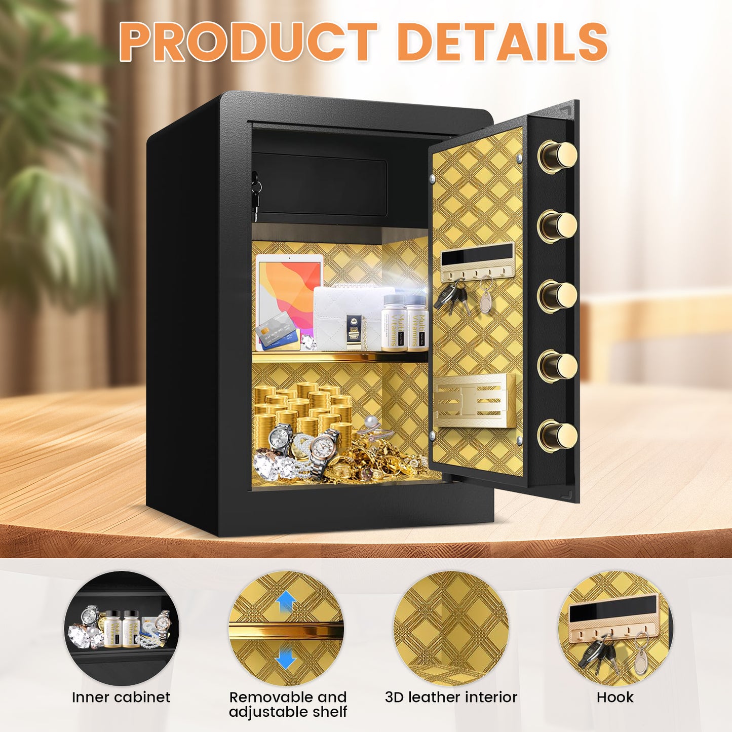 OME K3-68 Extra Large Fireproof Waterproof Safe Box with Deposit Slot & Adjustable Shelf - Home & Office Security Safe with Soft PU Leather Lining, Large LCD Screen & Dual Alarm