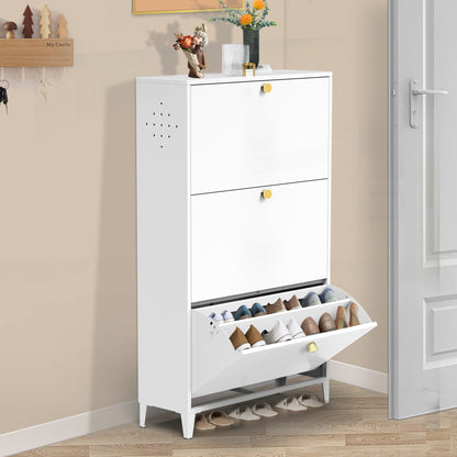 3 Drawer All Steel Shoe Cabinet, Freestanding Shoe Rack Storage Organizer with Flip Door, for Entryway, Hallway, Bedroom, White (Requires Assembly)