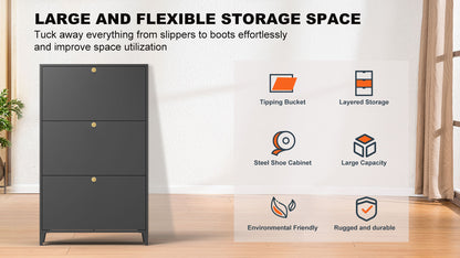 3 Drawer All Steel Shoe Cabinet, Freestanding Shoe Rack Storage Organizer with Flip Door, for Entryway, Hallway, Bedroom, Black (Requires Assembly)
