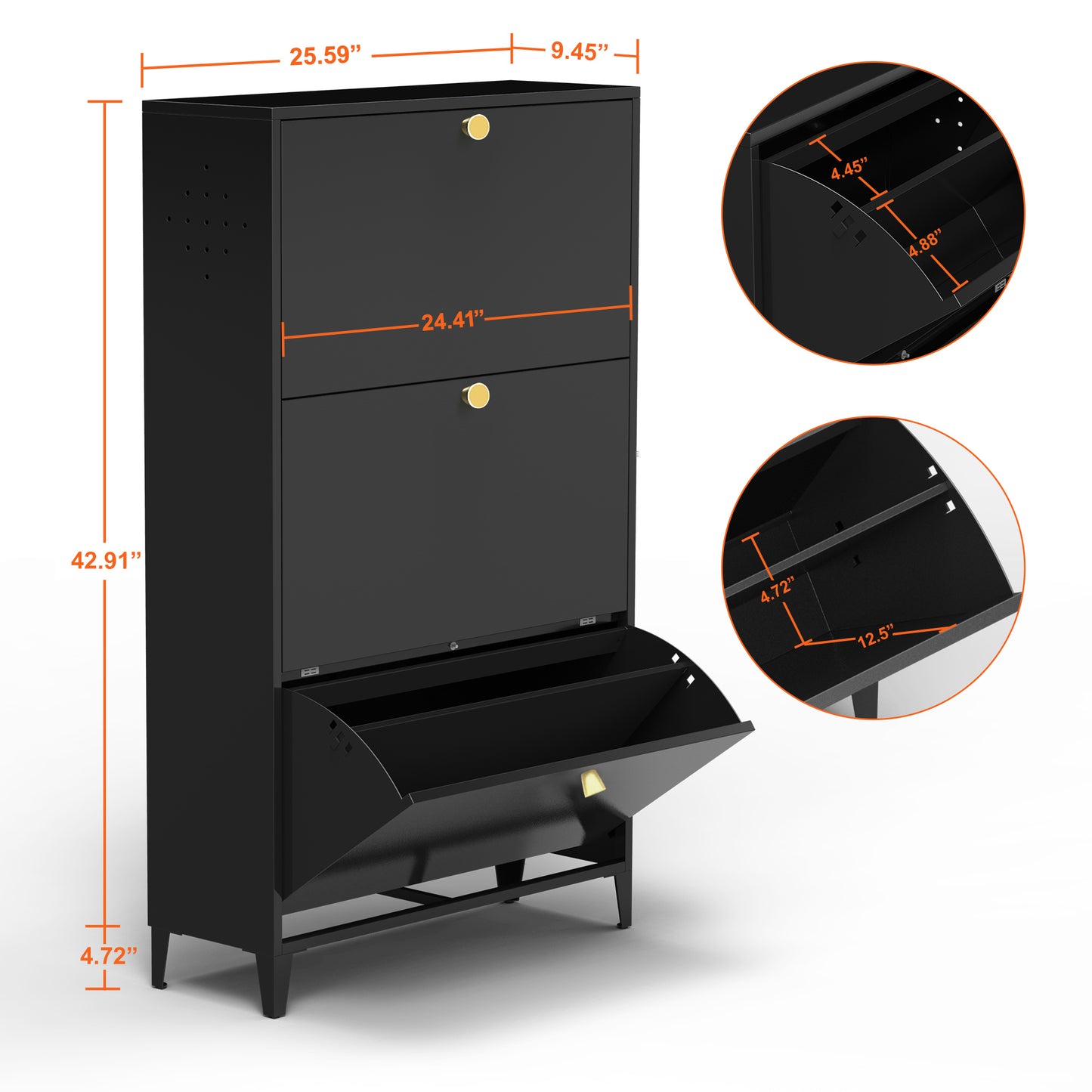 3 Drawer All Steel Shoe Cabinet, Freestanding Shoe Rack Storage Organizer with Flip Door, for Entryway, Hallway, Bedroom, Black (Requires Assembly)