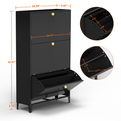 3 Drawer All Steel Shoe Cabinet, Freestanding Shoe Rack Storage Organizer with Flip Door, for Entryway, Hallway, Bedroom, Black (Requires Assembly)