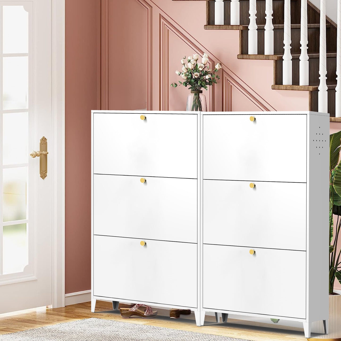 3 Drawer All Steel Shoe Cabinet, Freestanding Shoe Rack Storage Organizer with Flip Door, for Entryway, Hallway, Bedroom, White (Requires Assembly)