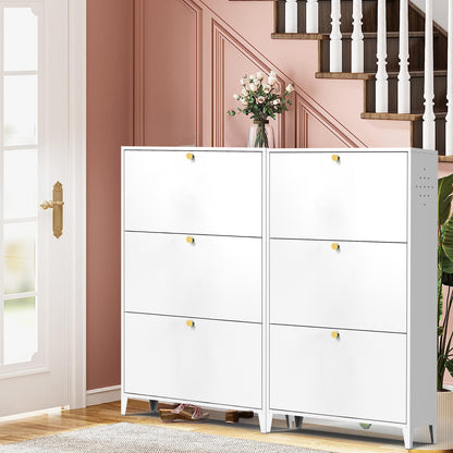 3 Drawer All Steel Shoe Cabinet, Freestanding Shoe Rack Storage Organizer with Flip Door, for Entryway, Hallway, Bedroom, White (Requires Assembly)