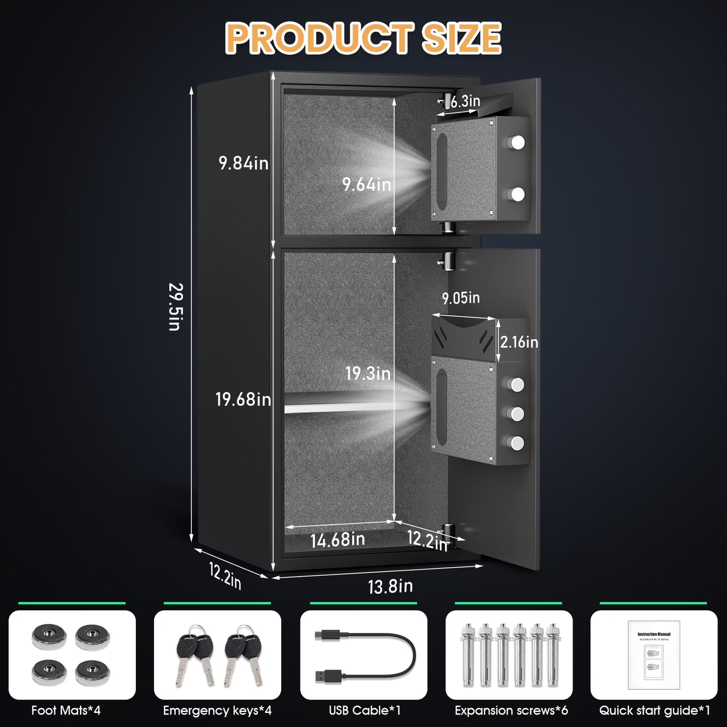 SDI-KL-75W Safe - 7.0 Cu ft Large Safe Box with LED Light Fireproof Safe for home Documents,Fingerprint Password Money Safe with Deposit Slot & Dual Alarm System,Home Safe for Business Valuables