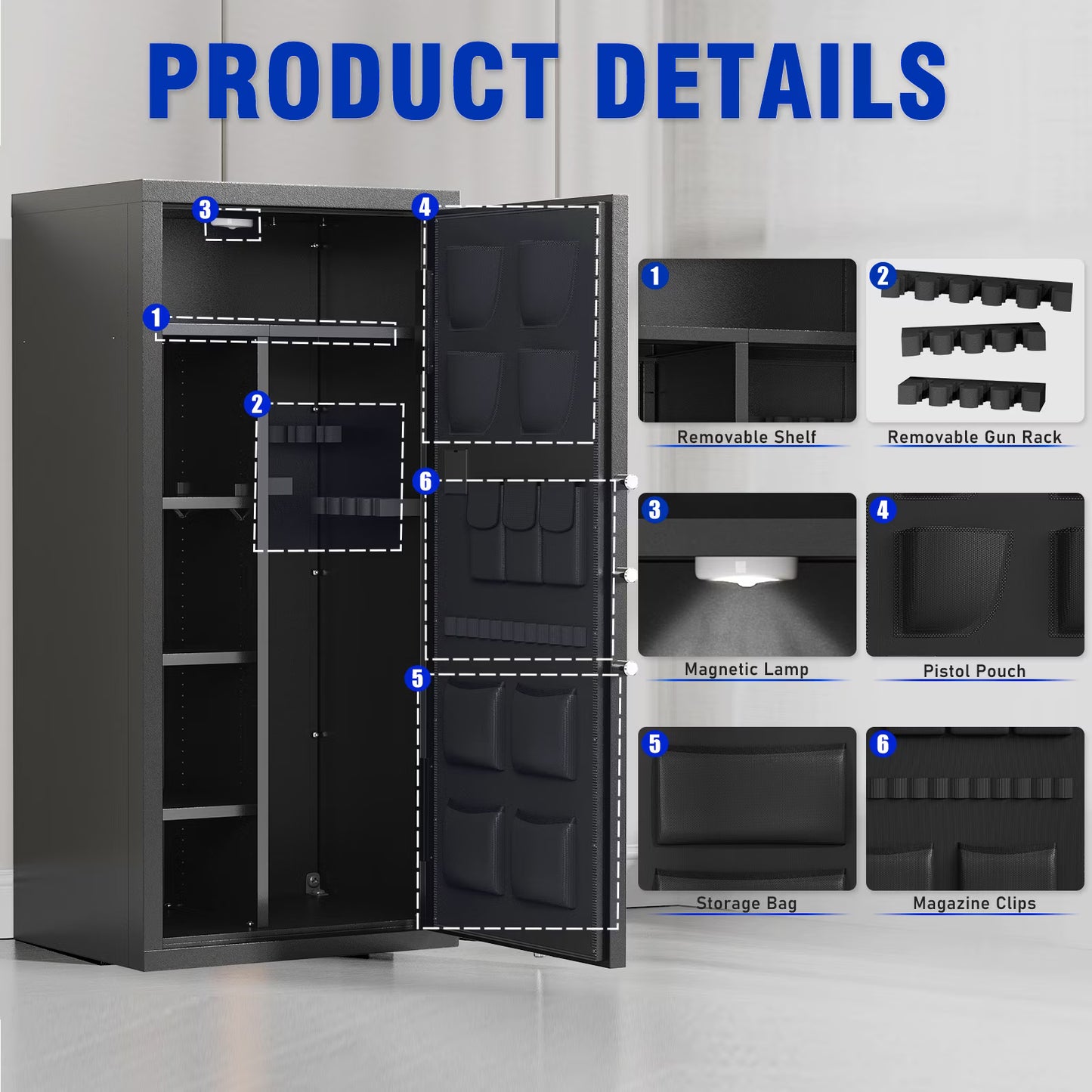 SDI-AKG5N-132W, 15-20 Gun Safe, Large Fingerprint Shotgun Safe, Unassembled Gun Cabinet with Adjustable Shelf & Gun Rack, Long Gun Safe with Backlit Keypad & LED Light, Pistol Bag