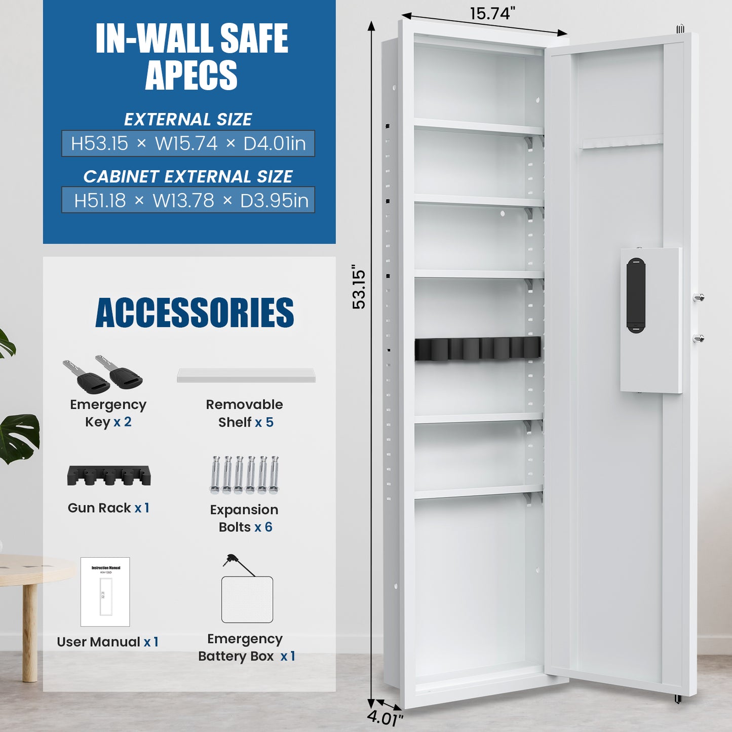 SDI-KW-135BW, Silkight 53.15" Wall Safe - Biometric Hidden Safe with Dual Alarm System, 3 Adjustable Shelves - White