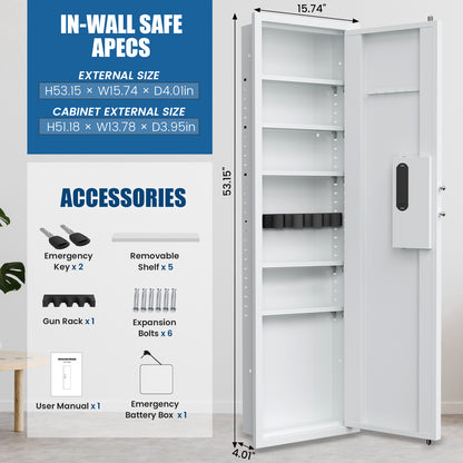 SDI-KW-135BW, Silkight 53.15" Wall Safe - Biometric Hidden Safe with Dual Alarm System, 3 Adjustable Shelves - White