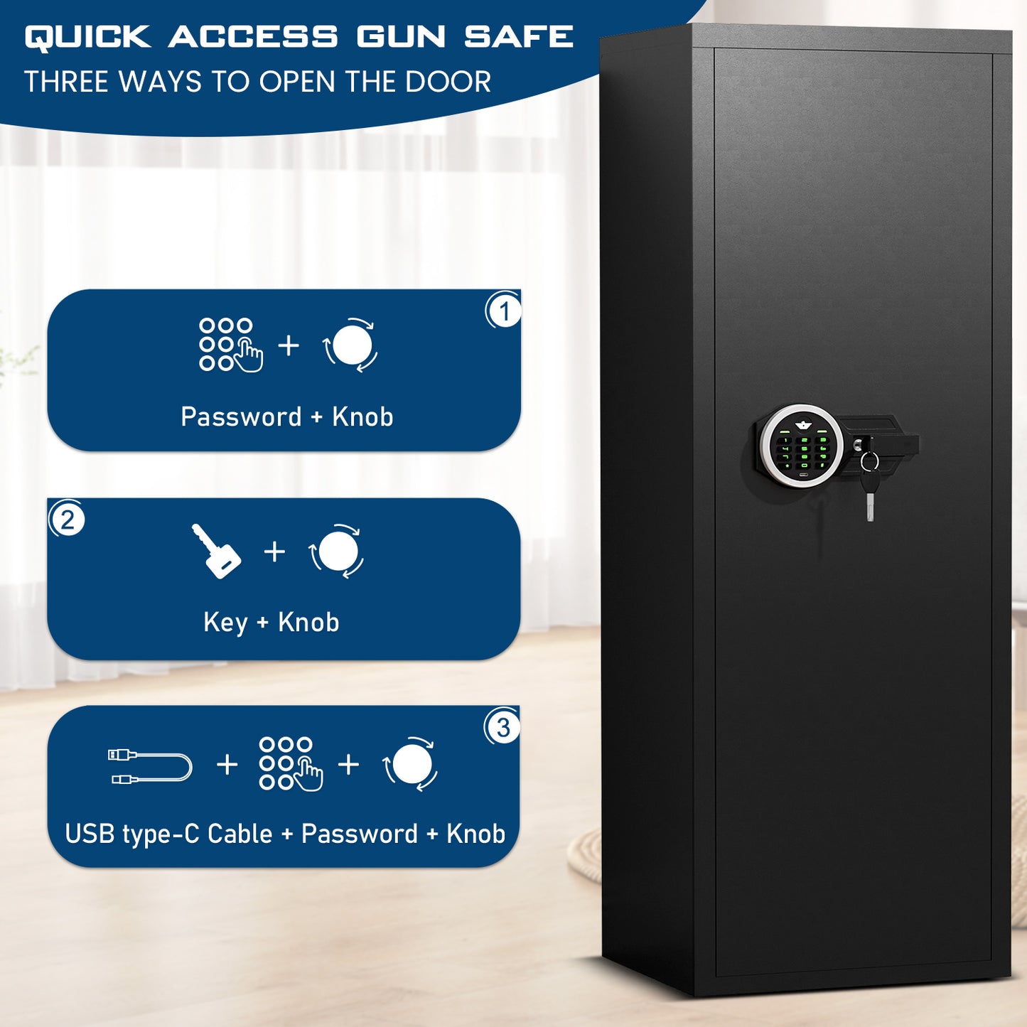 6-8 Rifle Gun Safe, Large Gun Safe with Digtal Keypad and Dual Alarm, Quick Access Gun Cabinet for Home Rifles and Pistols, Unassembled Gun Safe with Removable Shelves and Adjustable Racks