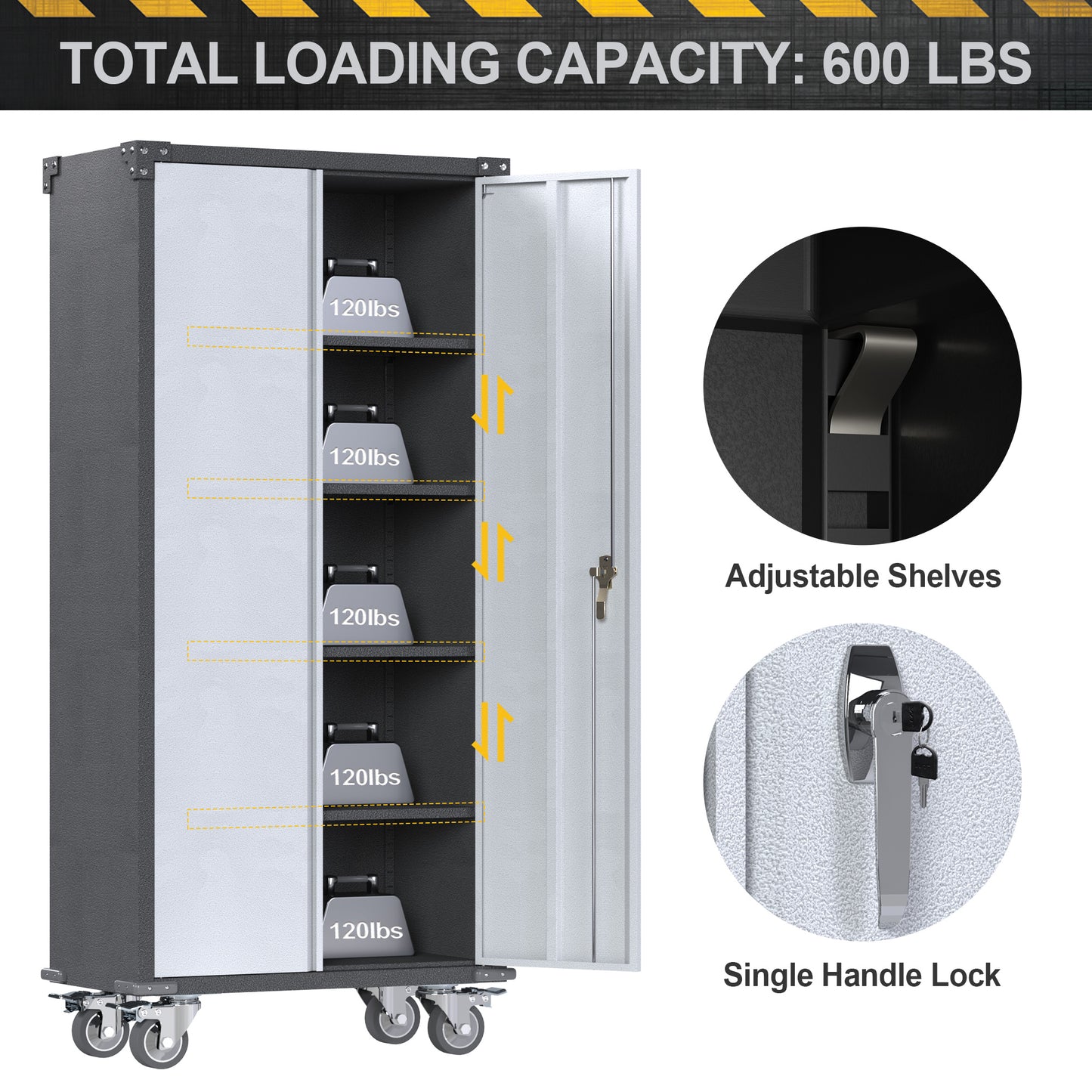 Metal Garage Storage Cabinet on Wheels, Double Handle Lock Steel Storage Cabinet with 2 Doors, 4 Shelves Adjustable Black, Assembly Required