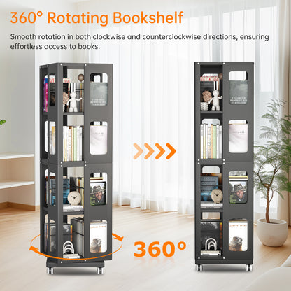 Silkight Book Shelf, 4 Tier All-Steel Rotating Bookshelf with 360° Wheels, Large Size Shelves Corner Book Shelf for Kids Rooms,Easy Assembly
