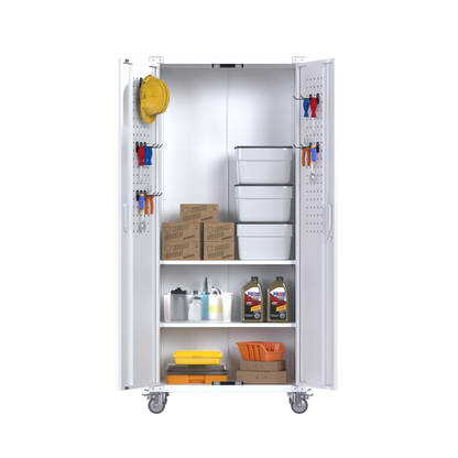 Metal Garage Cabinets with Wheels, 72" Rolling Storage Cabinet with Pegboards and Shelves, Tall Tool Cabinet with Locking Doors for Garage,Home Office,Warehouse(White)