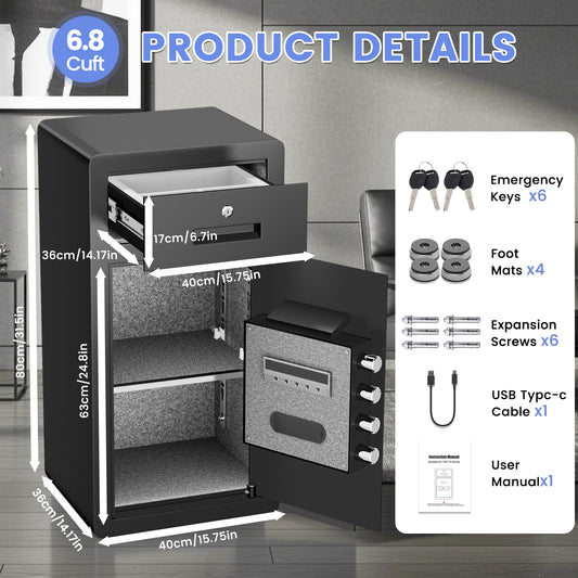 HK Y3C-80W Pacriond 6.5 Cub 2-Door Biometric Safe with Removable Shelves, Home Office Safe with Mute Function & Alarm System for Cash, Documents and Valuables