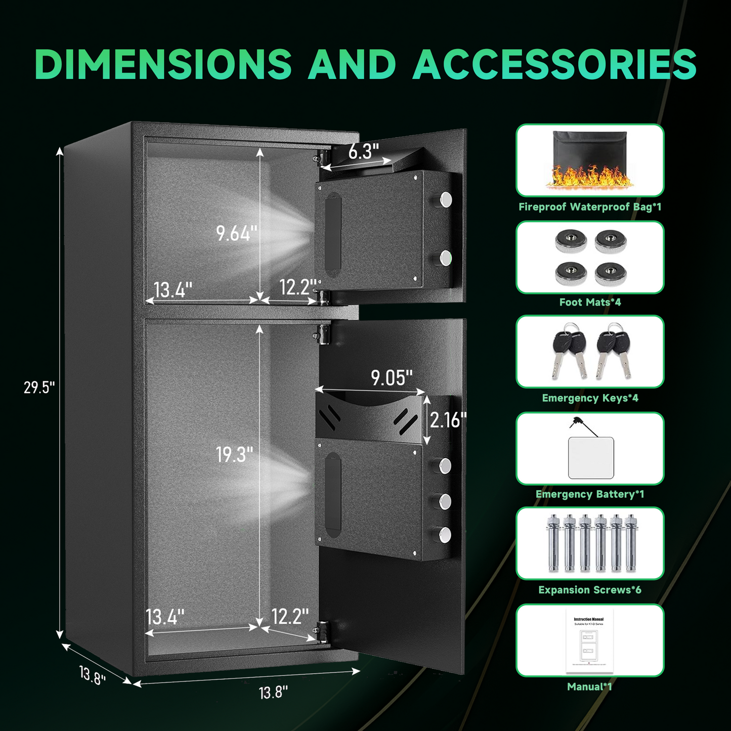 Karbeen 6.5 Cuft Large Biometric Fingerprint Safe Fireproof Waterproof, Anti-Theft Money Safe Box with Deposit Slot & Dual Alarm System, Backlit Keypad Security Document Safe for Home Office Hotel