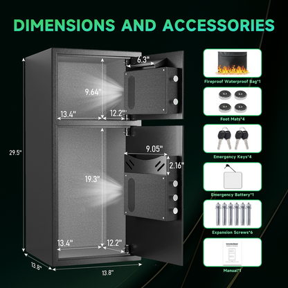 Karbeen 6.5 Cuft Large Biometric Fingerprint Safe Fireproof Waterproof, Anti-Theft Money Safe Box with Deposit Slot & Dual Alarm System, Backlit Keypad Security Document Safe for Home Office Hotel