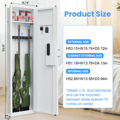 Kav-KW-135BW 53.15" Tall Wall Safe Between the Studs 16" Centers, Hidden Wall Safes With Removable shelfs and Adjustable Gun Rack, Biometric Wall Gun Safe for Home Rifle, Cash, Jewelry, Documents - White